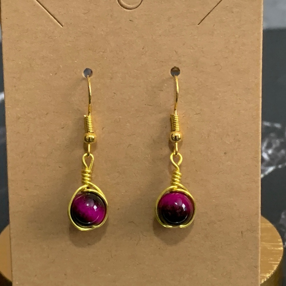 Handmade wire wrapped dark pink tiger’s eye earrings